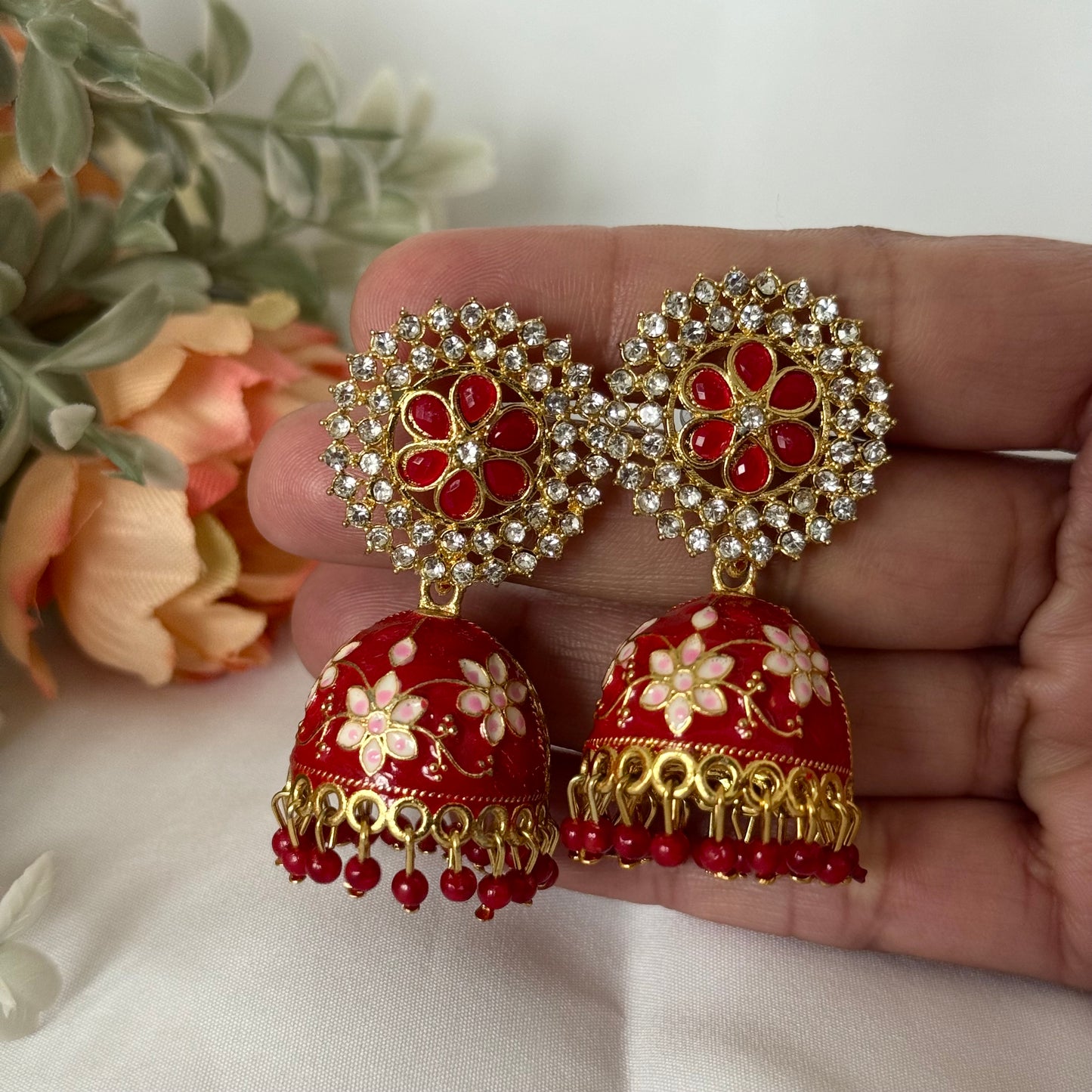 Red Kundan Jhumka Earrings, Floral Meenakari Jhumki, Indian Bridal Earrings, Gold Red Dome Earrings, Wedding Jewelry, Festive Ethnic Earring