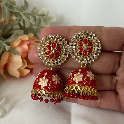 Red Kundan Jhumka Earrings, Floral Meenakari Jhumki, Indian Bridal Earrings, Gold Red Dome Earrings, Wedding Jewelry, Festive Ethnic Earring