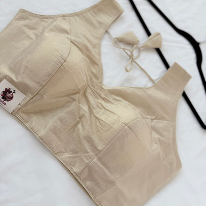 Beige Shimmer Tissue Saree Blouse, Ready to Wear Indian Blouse, V Neck Designer Choli, Sleeveless Wedding Blouse, Festive Blouse