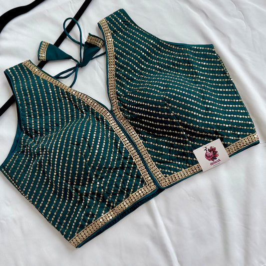 Teal Green Saree Blouse, V Neck Zari Embroidered Blouse, Sleeveless Ready to Wear Indian Blouse, Wedding Festive Blouse,