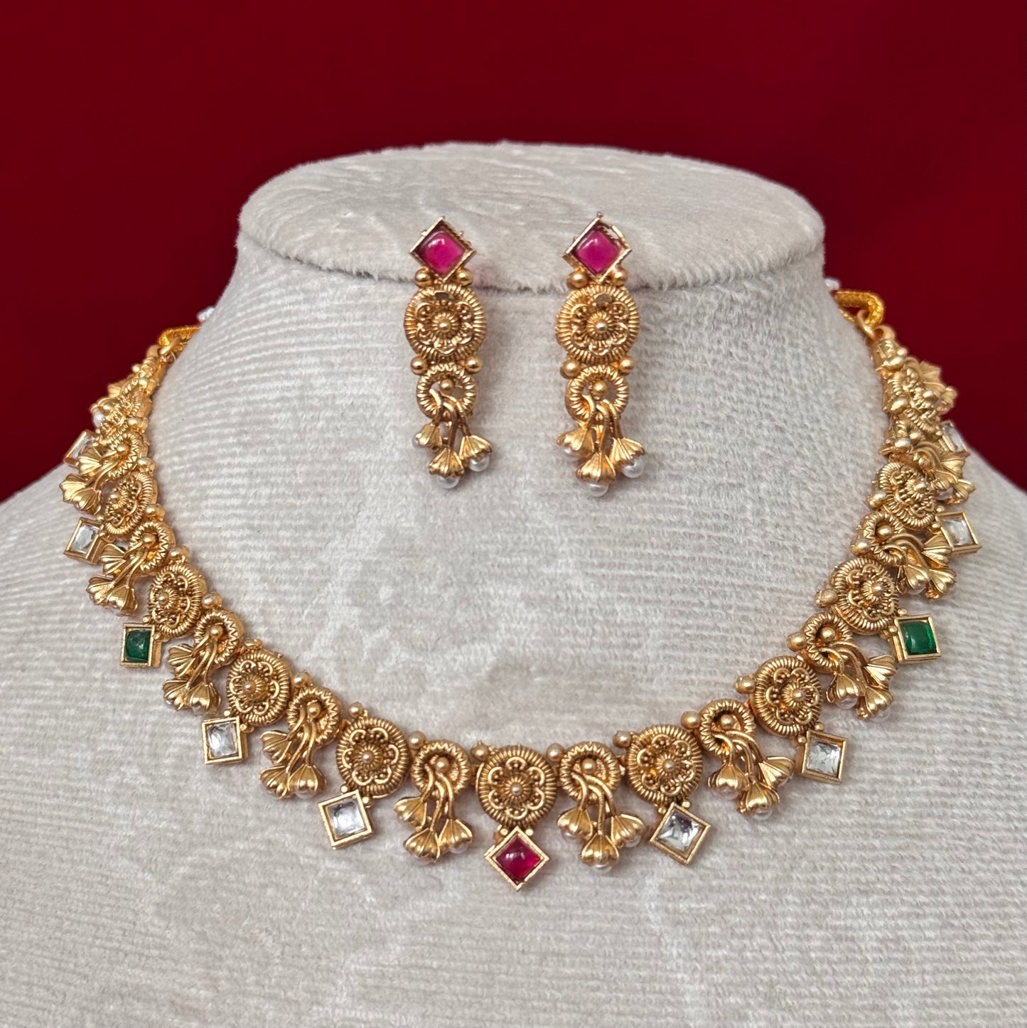 Majak Necklace Set | Traditional Temple Jewelry Set with Earrings | Antique Gold Finish Necklace | Ruby Green Stone Indian Jewelry | Bridal