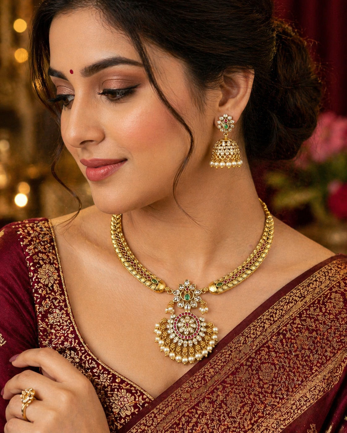 Antique Gold CZ Necklace Set with Jhumka Earrings, Pearl Hanging Pendant, Indian Bridal Jewelry, Ruby Green Choker, Wedding Set