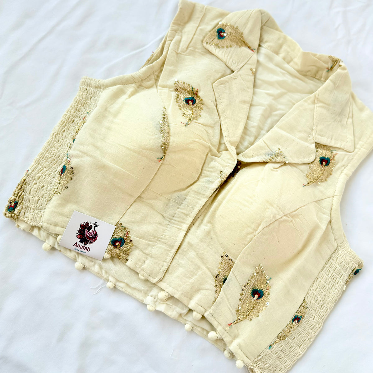 Khadi Cotton Embroidered Blouse, Ivory Peacock Sequin Work Saree Blouse, Stretchable Collar Neck Blouse, Ready to Wear Indian Blouse, Crop t