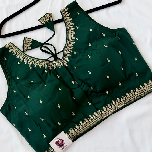 Green Jacquard Saree Blouse, Gold Embroidered Designer Blouse, Deep Back Neck Blouse with Latkan, Ready to Wear Indian Blouse, Crop top