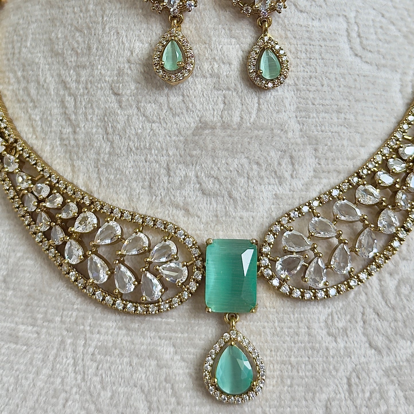 Turquoise CZ Necklace Set for Women, Gold Tone Statement Jewelry Set, Bridal Party Necklace Earrings Set, Indian Wedding Jewelry, Elegant P