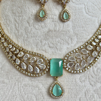 Turquoise CZ Necklace Set for Women, Gold Tone Statement Jewelry Set, Bridal Party Necklace Earrings Set, Indian Wedding Jewelry, Elegant P