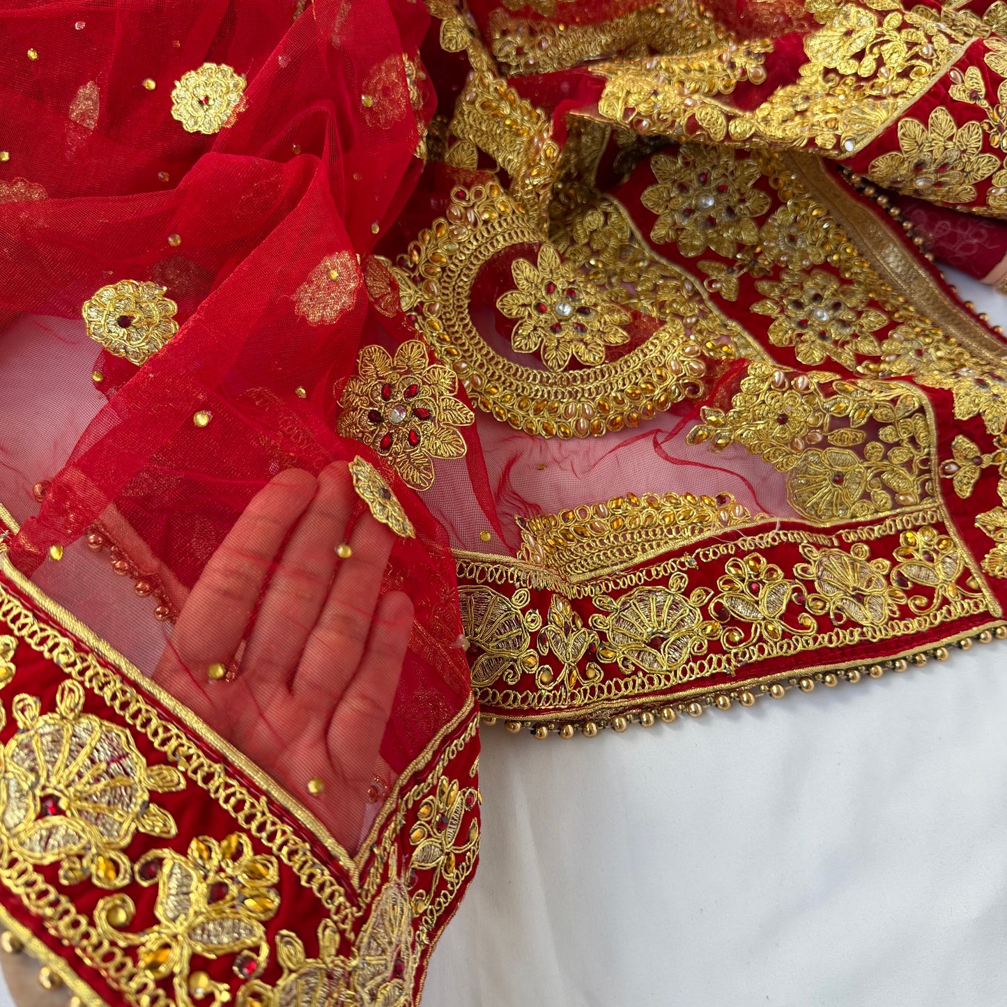 Bridal Red Net Dupatta with Heavy Zardozi Embroidery, Wedding Chunni, Dulhan Dupatta, Gold Lace Veil, Indian Bridal Dupatta