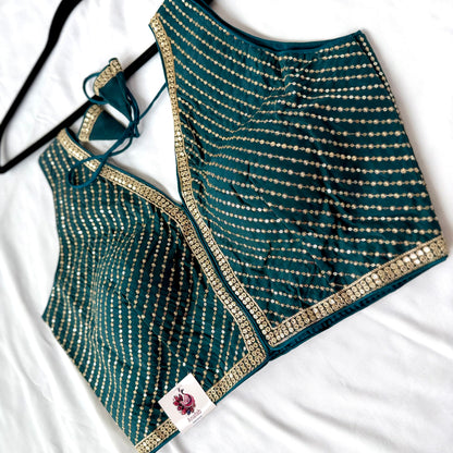 Teal Green Saree Blouse, V Neck Zari Embroidered Blouse, Sleeveless Ready to Wear Indian Blouse, Wedding Festive Blouse,