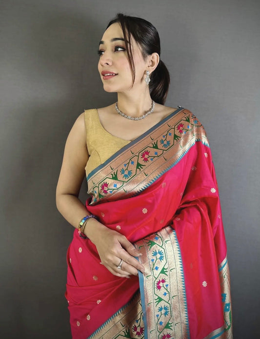 Rani Pink Semi Paithani Saree Soft Silk, Traditional Paithani Saree with Pink Border, Maharashtrian Wedding Saree, Festive Indian Saree