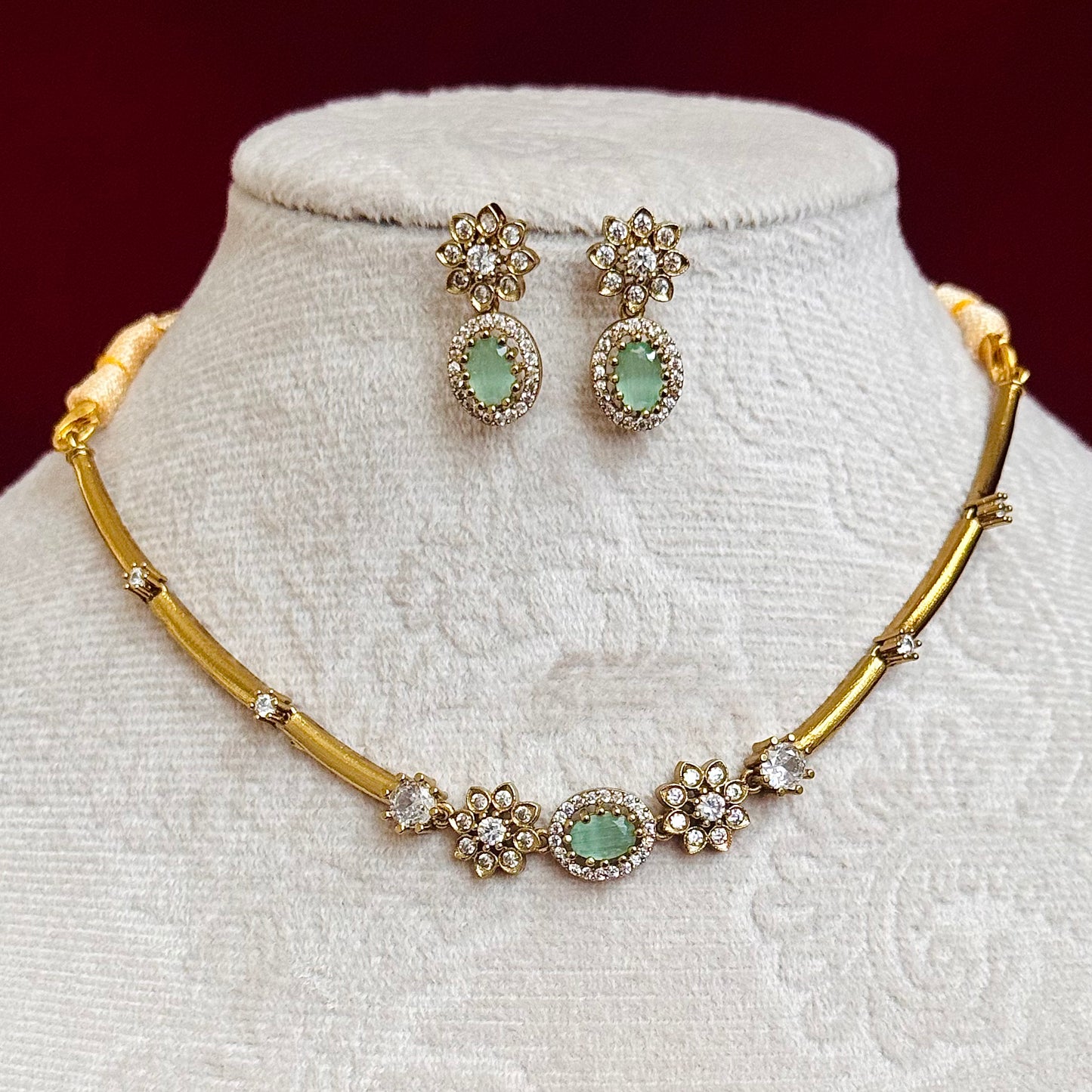 Mint Green Stone Necklace Set, Elegant Gold Floral Necklace, Indian Wedding Jewelry Set, CZ Diamond Necklace, Bridesmaid Jewelry, Party Wear
