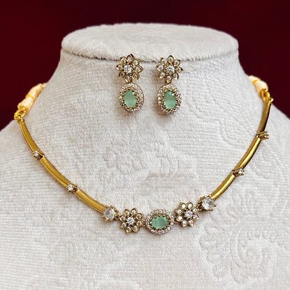Mint Green Stone Necklace Set, Elegant Gold Floral Necklace, Indian Wedding Jewelry Set, CZ Diamond Necklace, Bridesmaid Jewelry, Party Wear