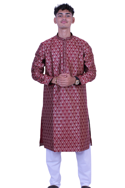 Elegant Maroon Brocade Men’s Kurta with White Pant | Festive & Wedding Wear Outfit