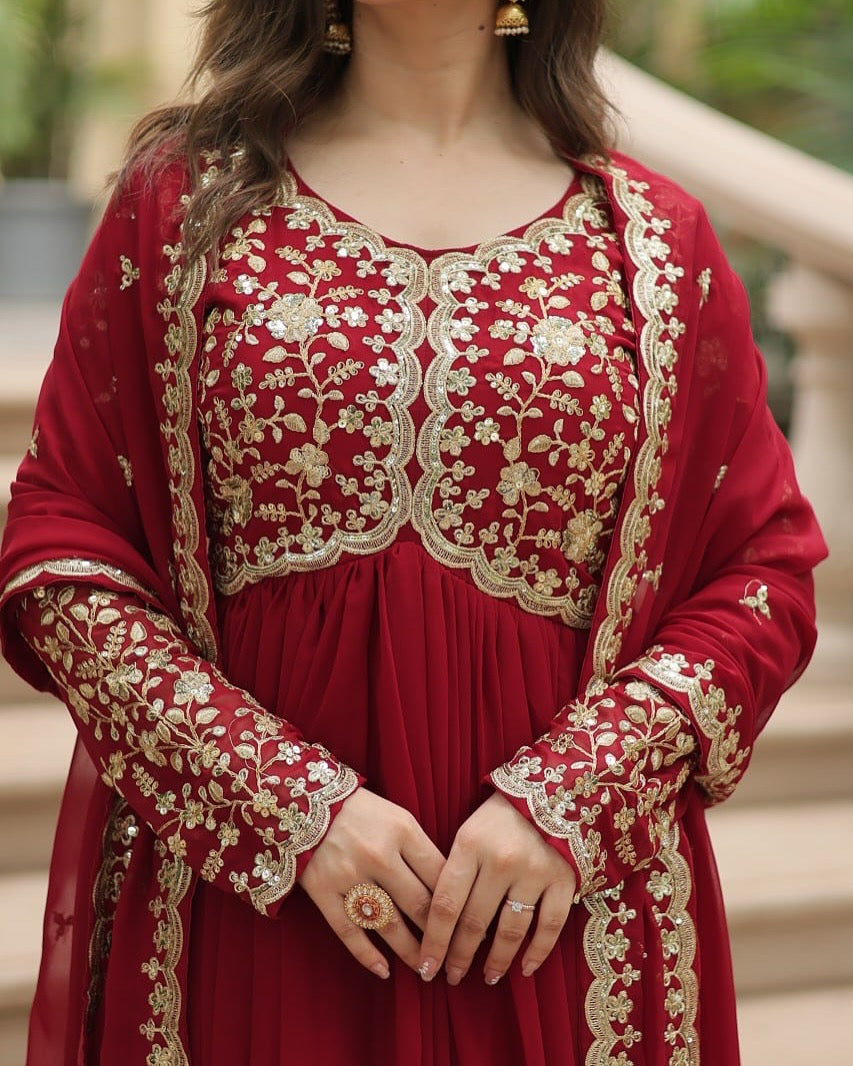 Designer Maroon Long Gown with Dupatta | Zari & Sequins Embroidered Party Wear Dress