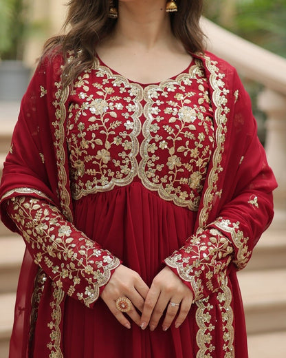 Designer Maroon Long Gown with Dupatta | Zari & Sequins Embroidered Party Wear Dress