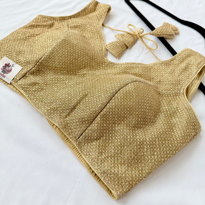 Gold Zari Sleeveless Saree Blouse, Shimmer Ready to Wear Indian Blouse, V Neck Padded Blouse, Party Wedding Blouse,lehenga top