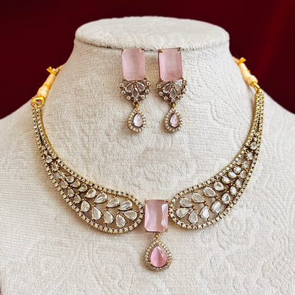 Blush Pink CZ Necklace Set for Women, Indian Wedding Jewelry Set, Gold Tone Statement Necklace, Bridal Party Jewelry, Pink Stone Earrings