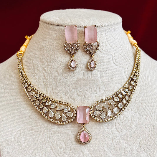 Blush Pink CZ Necklace Set for Women, Indian Wedding Jewelry Set, Gold Tone Statement Necklace, Bridal Party Jewelry, Pink Stone Earrings