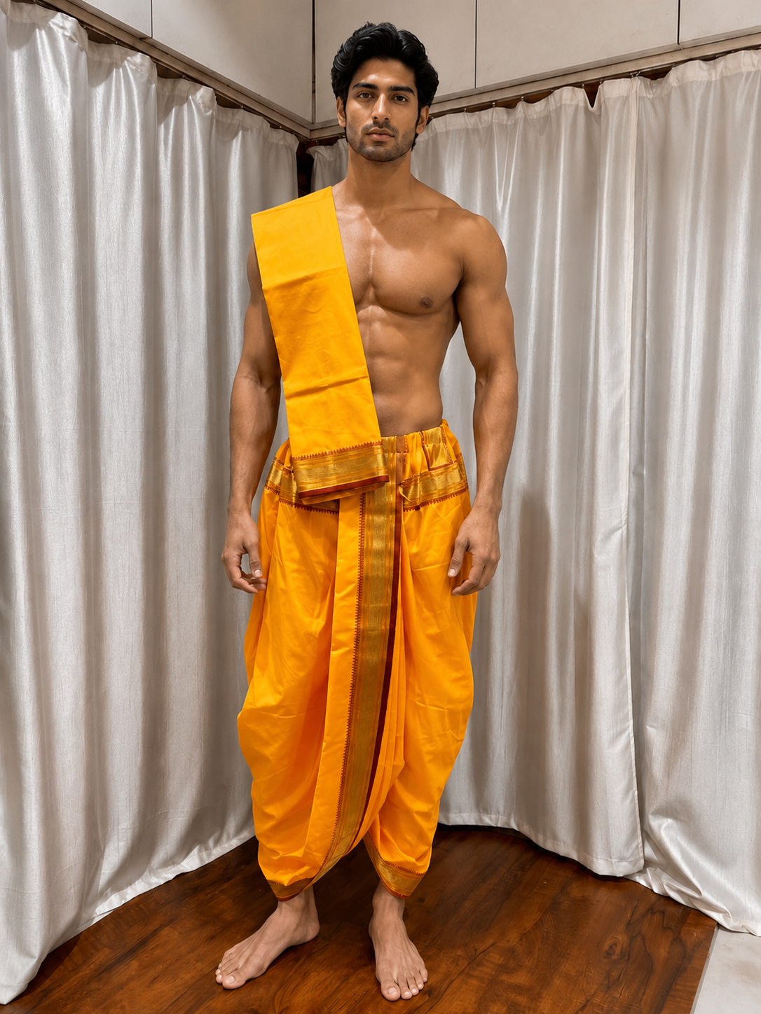 Men’s Yellow Dhoti Dupatta Set for Puja | Traditional South Indian Dhoti with Golden Zari Border | Hindu Ceremony Wear | Temple Wedding Outf