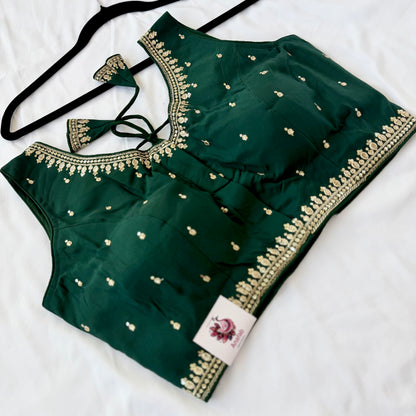 Green Jacquard Saree Blouse, Gold Embroidered Designer Blouse, Deep Back Neck Blouse with Latkan, Ready to Wear Indian Blouse, Crop top