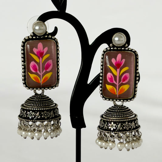 Oxidized Silver Hand Painted Mauve Floral Jhumka Earrings, Pink Flower Statement Earrings, Pearl Beaded Indian Earrings, Ethnic Jewelry