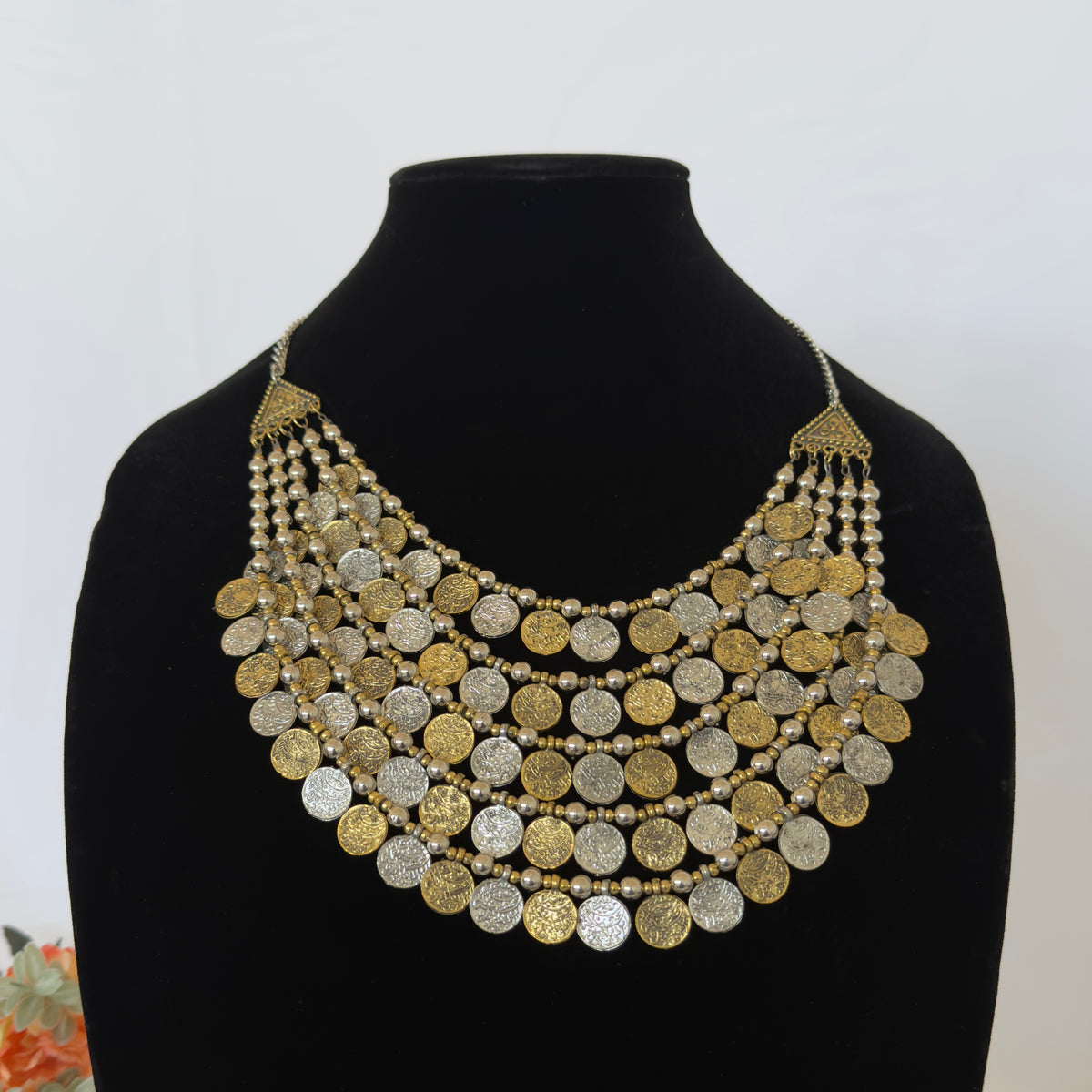 Oxidized Silver Gold Coin Necklace Set, 5 Layer Indian Statement Necklace with Earrings, Navratri Garba Jewelry, Tribal Boho Ethnic Jewelry