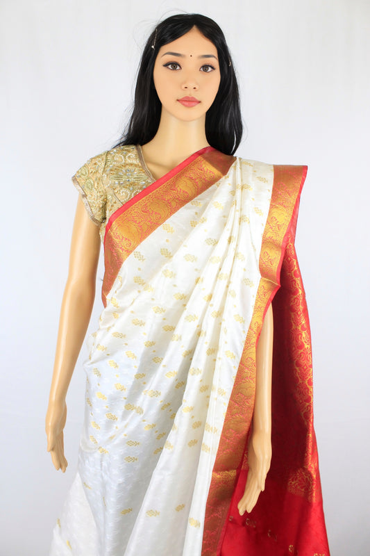 Elegant White Silk Saree with Red and Gold Border – Traditional Indian Wedding, Durga Pooja, and Festive Wear