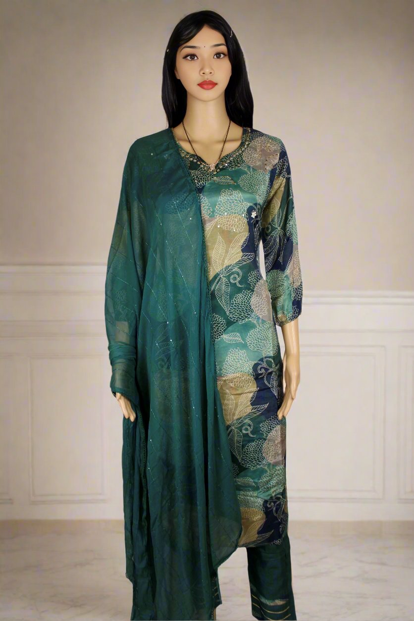 Green Satin Floral Print Kurta Set with Sequin Dupatta – Perfect for Any Occasion