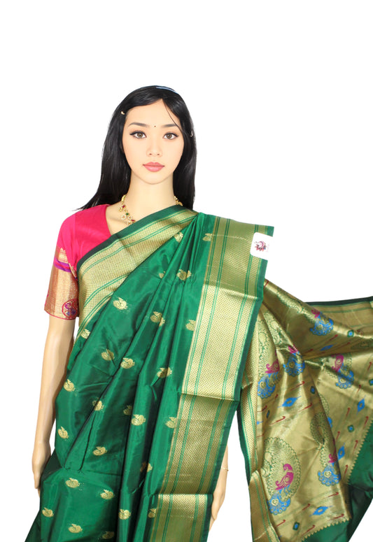 Elegant Semi Paithani Green Silk Saree with Traditional Zari Paithani Border & Matching Blouse Piece (Unstitched) - Perfect for Festivals & Special Occasions