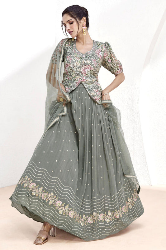 Luxurious Gray Embroidered Lehenga Set with Floral Jacket - A Masterpiece for Special Occasions