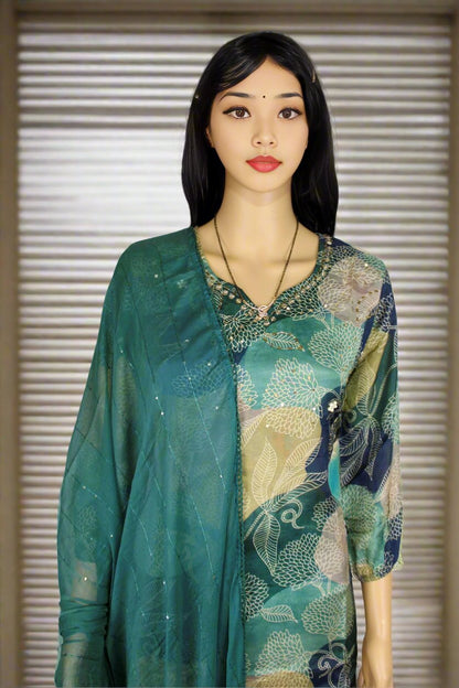 Green Satin Floral Print Kurta Set with Sequin Dupatta – Perfect for Any Occasion