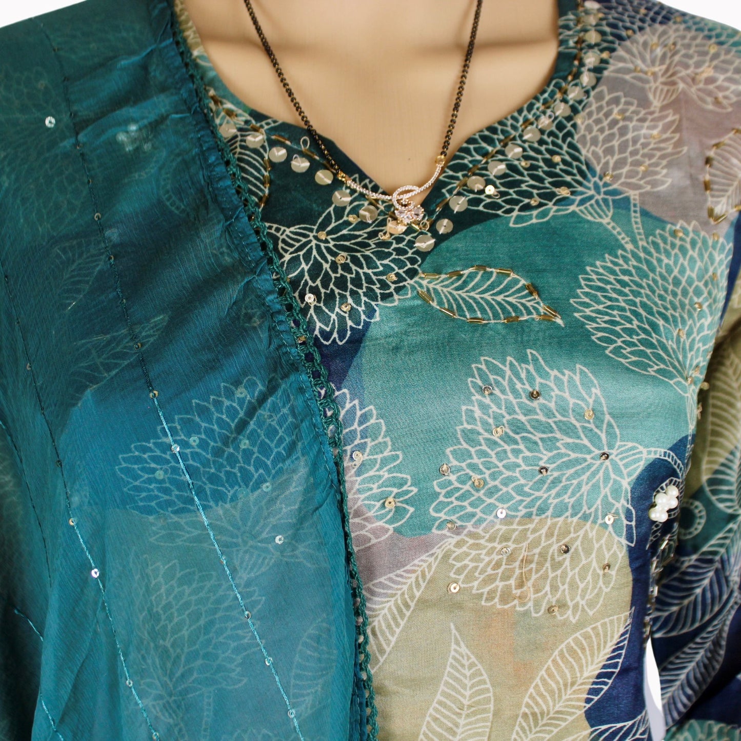 Green Satin Floral Print Kurta Set with Sequin Dupatta – Perfect for Any Occasion