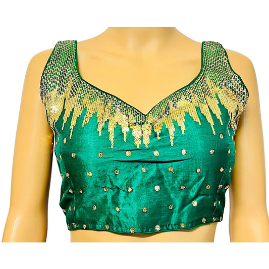Green Color Milan Silk Sequence Work Readymade Blouse, Designer Blouse, Crop Top, Tunic Top, Fancy Blouse, Party Wear Blouse, Wedding Blouse