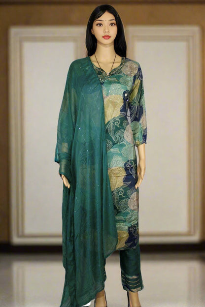 Green Satin Floral Print Kurta Set with Sequin Dupatta – Perfect for Any Occasion