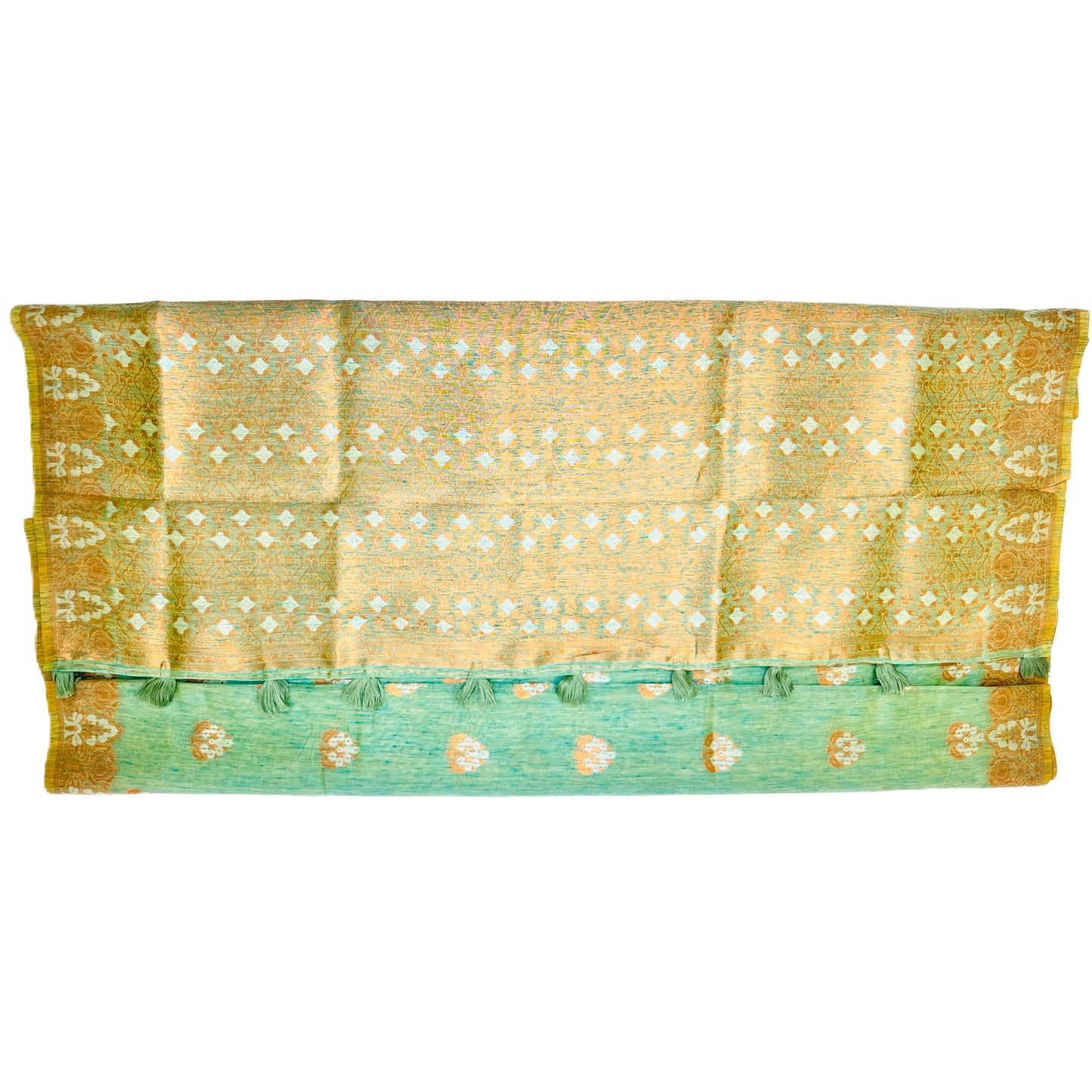 Greenish Cyan Multi Pure Linen Copper Zari Weaving Party Wear Saree