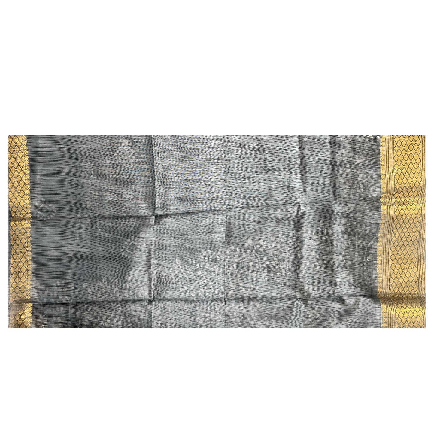 Grey Color Soft Slub Cotton Silk Saree With Batik Print