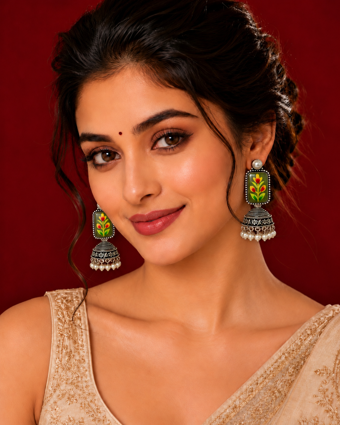 Green Oxidized Silver Handpainted Jhumka Earrings, Floral Indian Earrings, Pearl Drop Earrings, Ethnic Festive Jewelry, Oxidized earrings