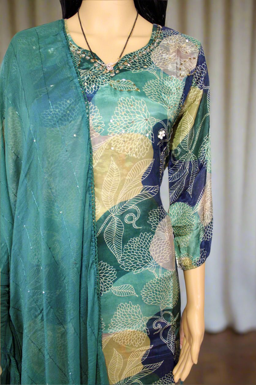 Green Satin Floral Print Kurta Set with Sequin Dupatta – Perfect for Any Occasion