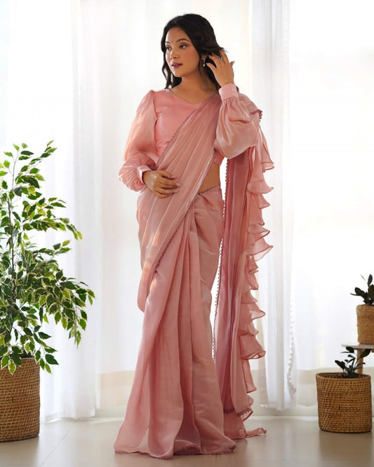 Light Pink One-Minute Ready-to-Wear Jimmy Choo Organza Ruffle Saree with Fully Stitched Padded Blouse – Designer Saree for Effortless Elegance