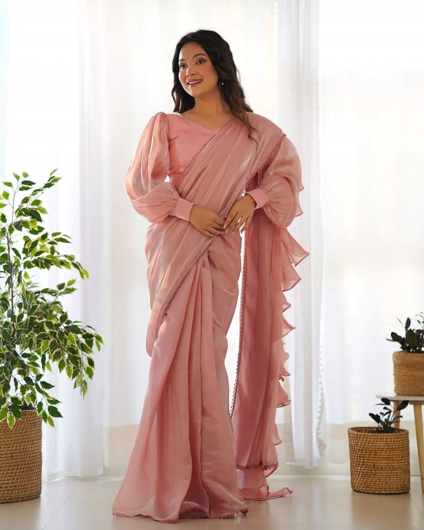 Light Pink One-Minute Ready-to-Wear Jimmy Choo Organza Ruffle Saree with Fully Stitched Padded Blouse – Designer Saree for Effortless Elegance