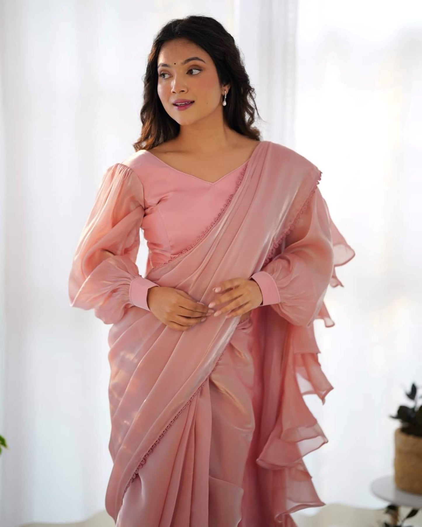 Light Pink One-Minute Ready-to-Wear Jimmy Choo Organza Ruffle Saree with Fully Stitched Padded Blouse – Designer Saree for Effortless Elegance