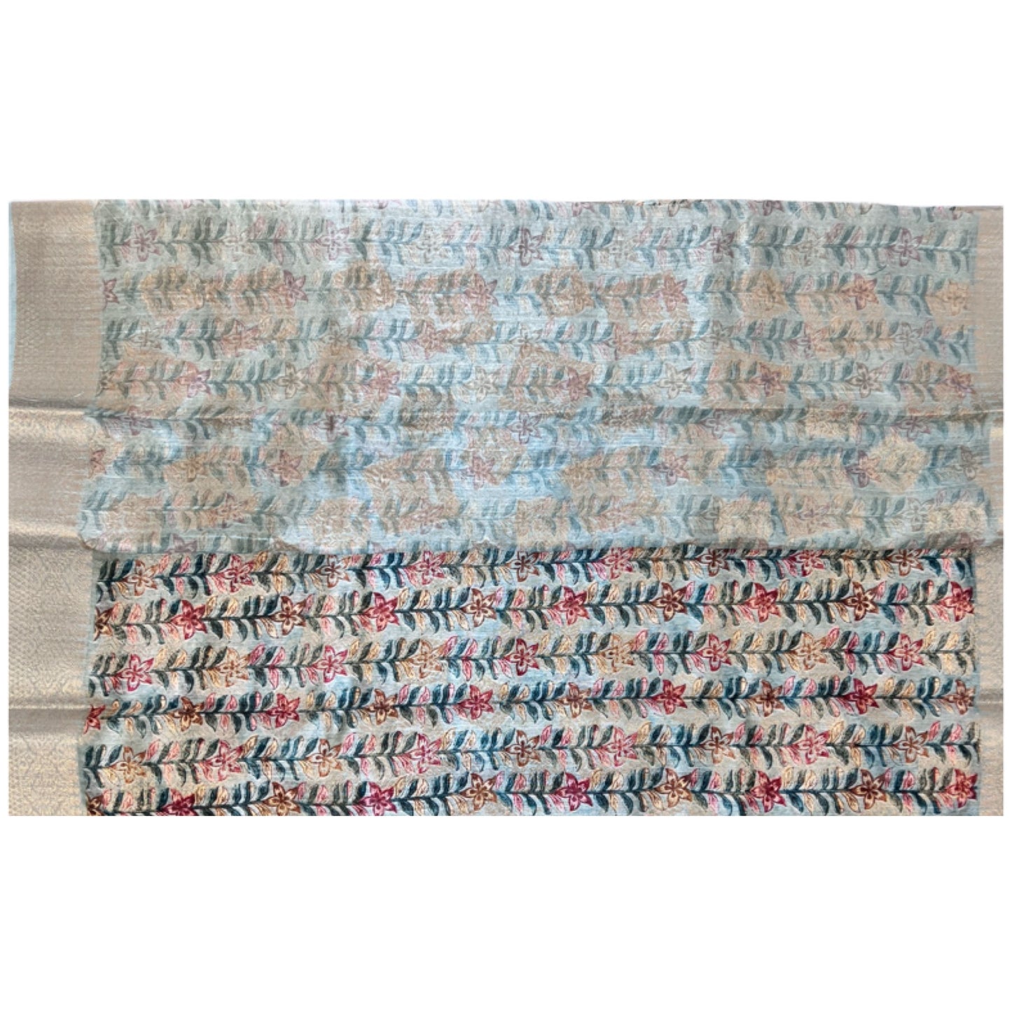 Light Sky Blue Color Floral Printed Tussar Silk Saree And Zari Woven Design