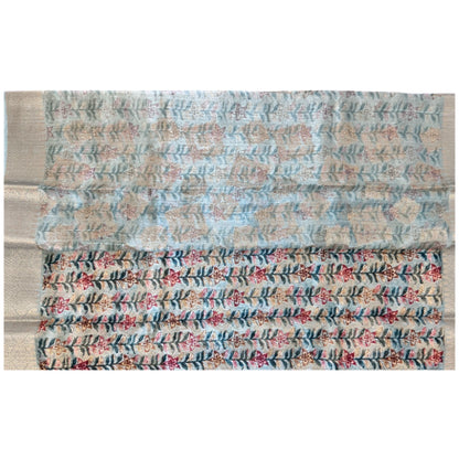 Light Sky Blue Color Floral Printed Tussar Silk Saree And Zari Woven Design