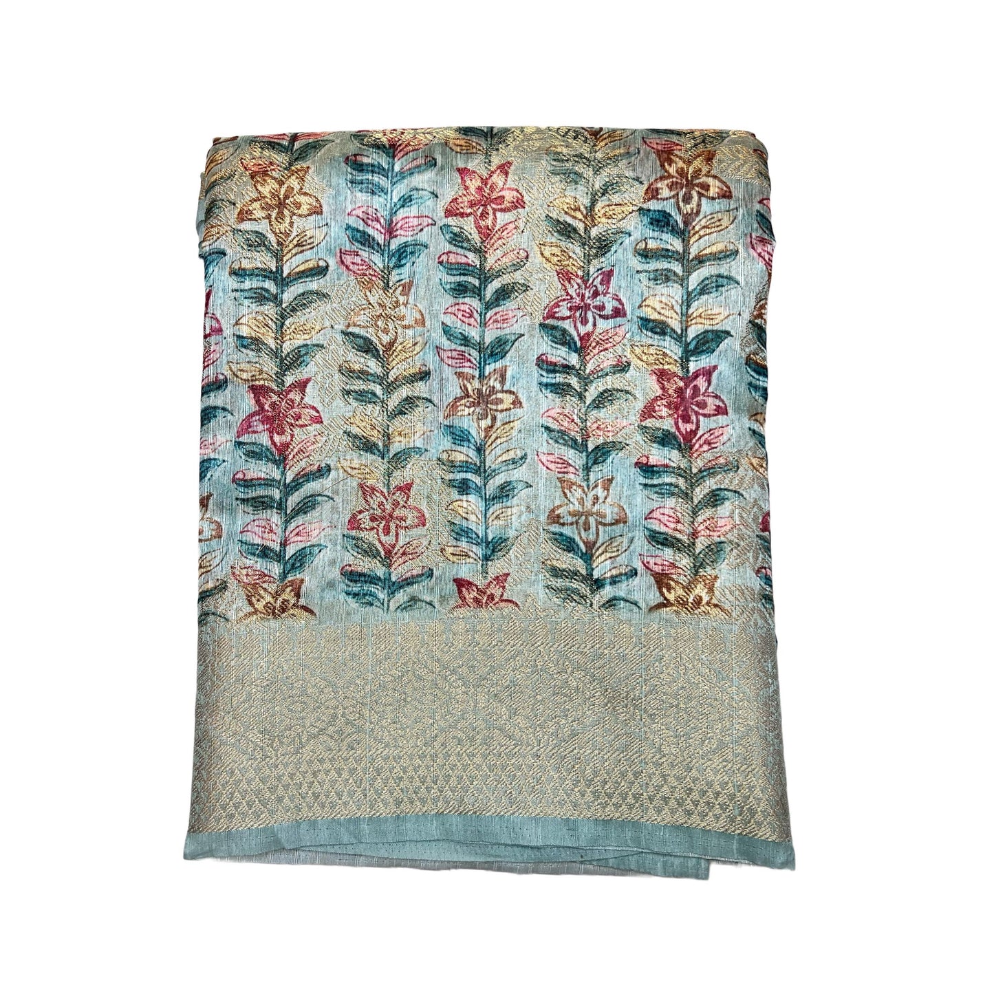 Light Sky Blue Color Floral Printed Tussar Silk Saree And Zari Woven Design