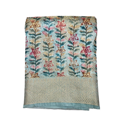 Light Sky Blue Color Floral Printed Tussar Silk Saree And Zari Woven Design