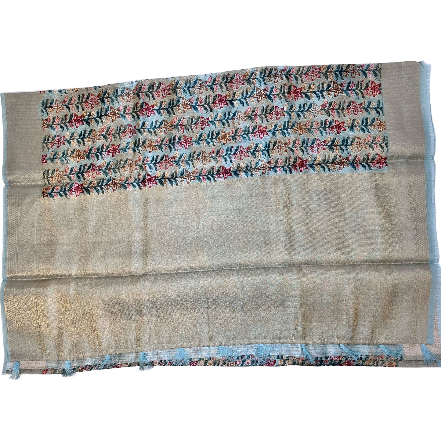 Light Sky Blue Color Floral Printed Tussar Silk Saree And Zari Woven Design