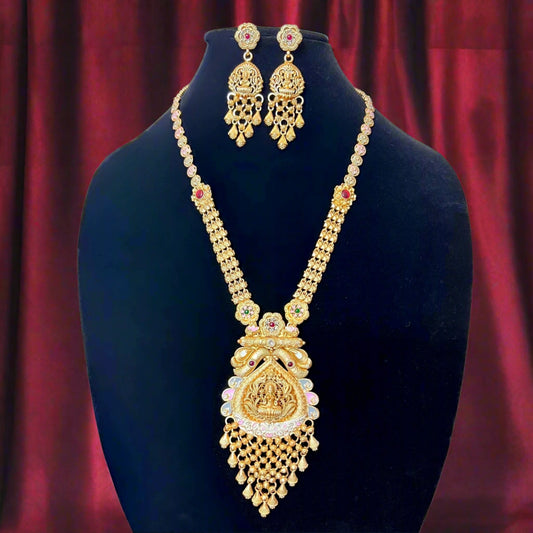 Traditional Gold-Plated Lakshmi Temple Necklace Set with Earrings for Women - Antique Finish Bridal Jewelry