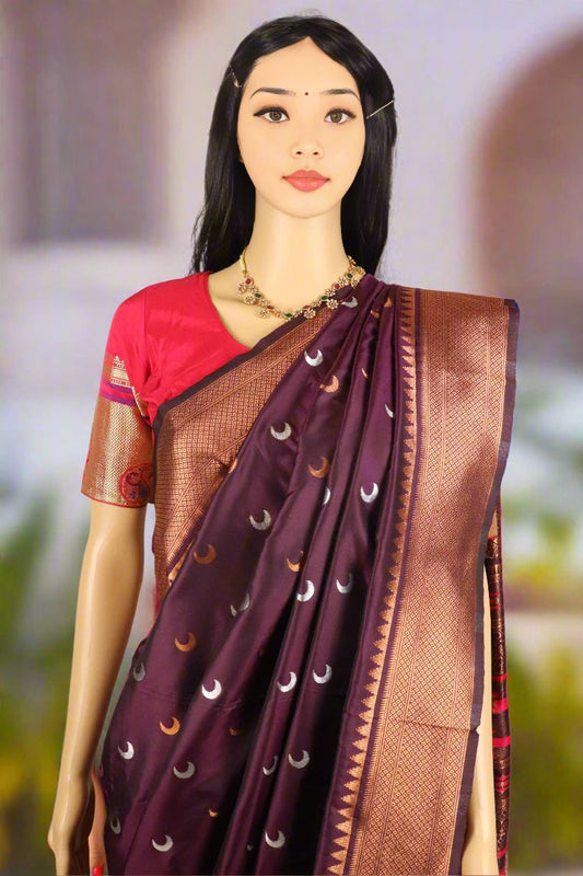 Burgundy color Chandrakor Semi Paithani Saree with Copper Zari Border and Rich Pallu