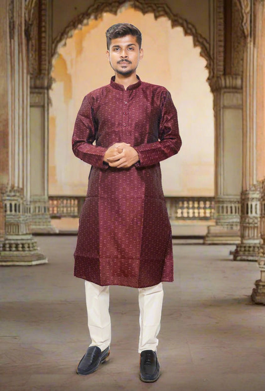 Maroon color Mens Silk Kurta pajama Set_Full