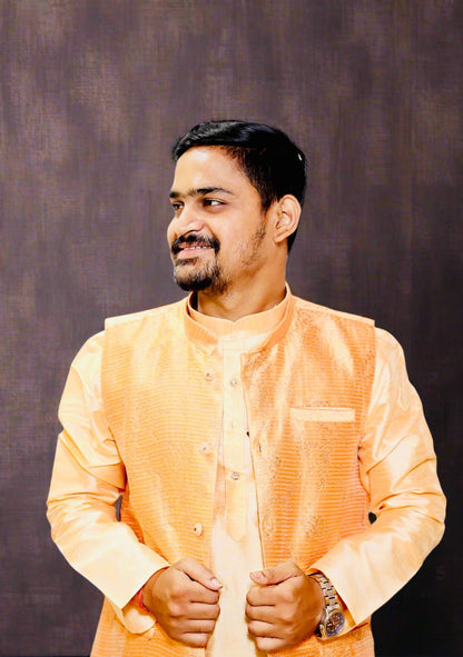 Mens_Beige_Color_Jacquard_Kurta_Pajama_with_Peach_Color_Jacket_Suit_Close_Up