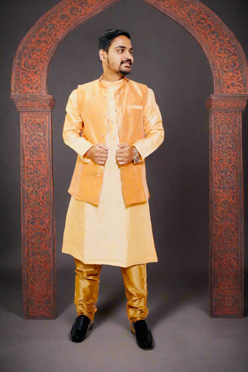 Mens_Beige_Color_Jacquard_Kurta_Pajama_with_Peach_Color_Jacket_Suit_Full